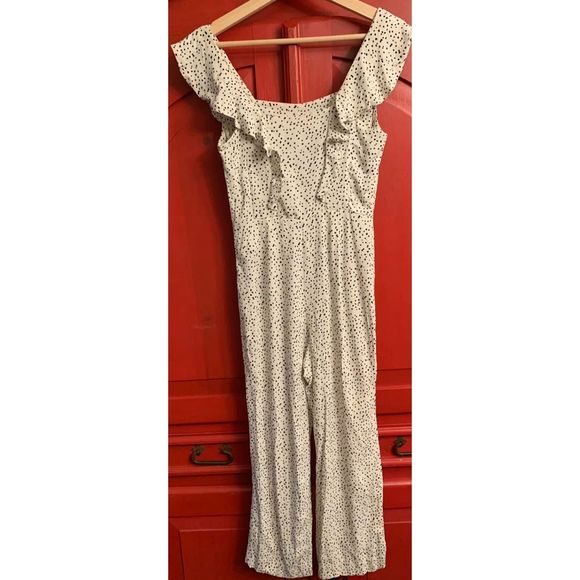 Leith  Size XS Nordstroms Brand Polka Dot Ruffle Jumpsuit Black White Romper EUC - Picture 3 of 6